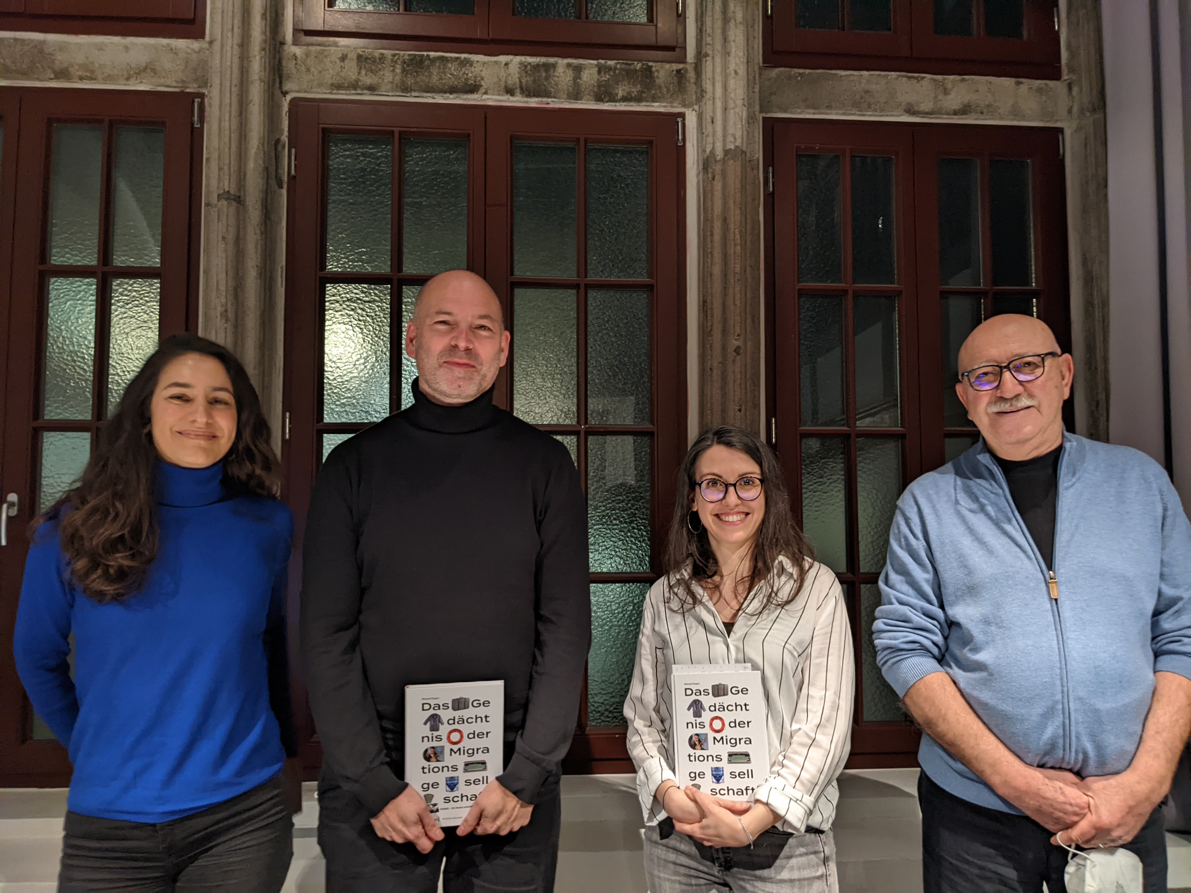 The panel at the book launch in the Literaturhaus Cologne on 18.01.2022: moderator Maryam Aras, author Manuel Gogos, muesologist Sandra Vacca and DOMiD co-founder Aytaç Eryılmaz.