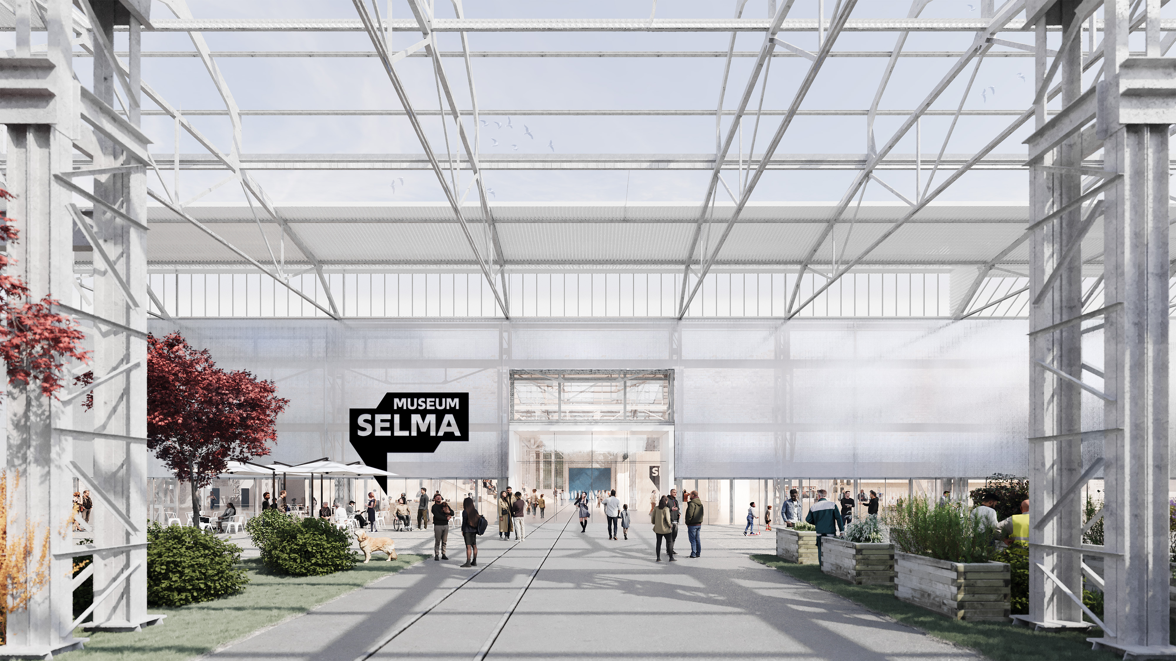 The Museum Selma will be open to the public from 2029. The roof of the neighboring hall is free and a large forecourt, which is open to the entire urban community, also forms the entrance area of the museum. The old steel frame of the former industrial hall will remain standing. The foyer of the museum can be entered along old rails on the floor. Rendering: ATELIER BRÜCKNER