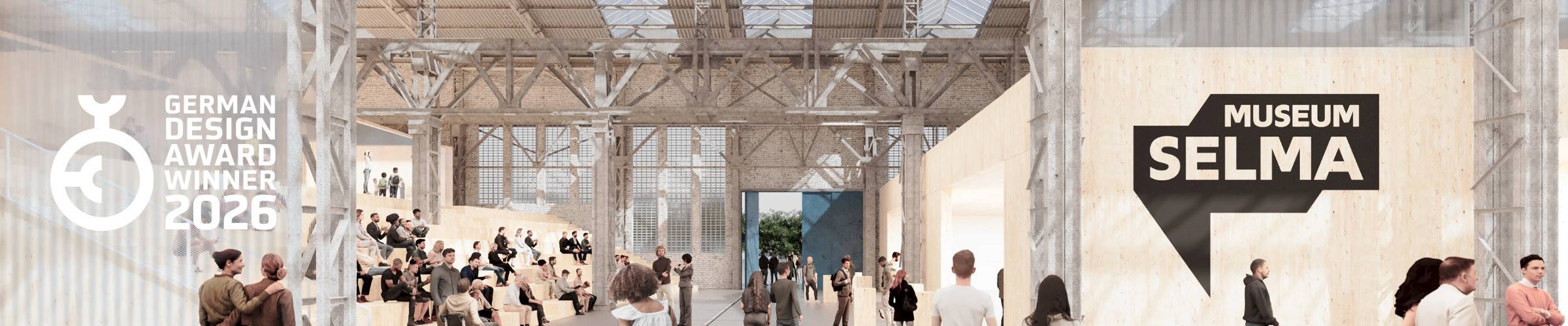 Geplante Eingangshalle des Museums Selma mit Logo des German Design Awards 2026 für herausragende Architektur.